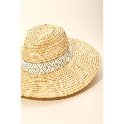 Handmade Straw Hat with Green Tribal Pattern Strap