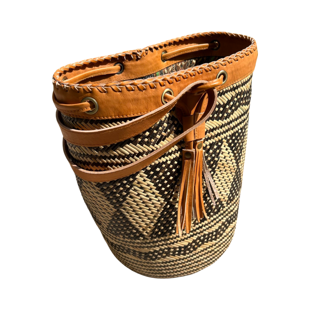 Rattan Sling Back Pack Tribal Patten - Light Leather Large