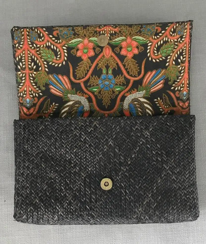 Rattan Clutch with Batik Print Lining - Black