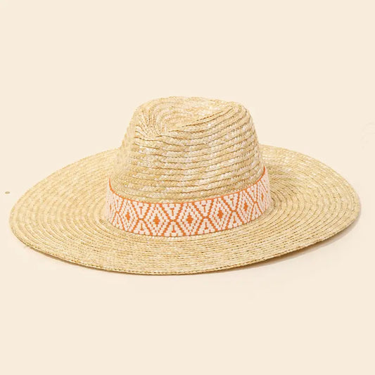 Handmade Straw Hat with Orange Tribal Pattern Strap