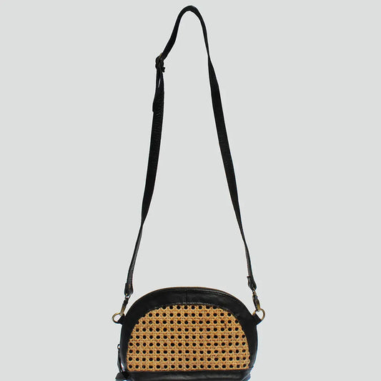 Rattan Leather Crossbody Clutch -  Black