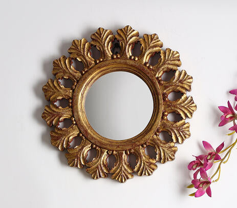 Hand Carved Round Mango Wood Mirror